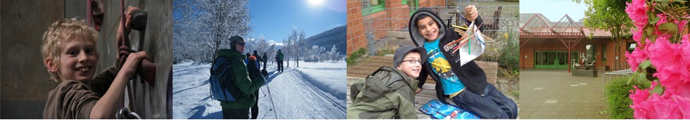 Eindrücke aus dem Schulleben der Viktor-Frankl-Schule - Junge an der Kletterwand, Winterimpressionen, Kinder auf dem Schulhof und das Schulgebäude